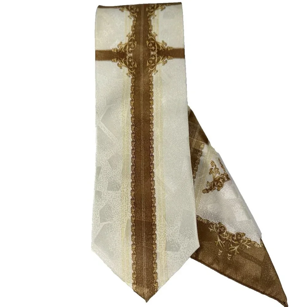 Fratello Boys Tie Hanky Set Cream Gold Yellow Beige Polyester 3.75